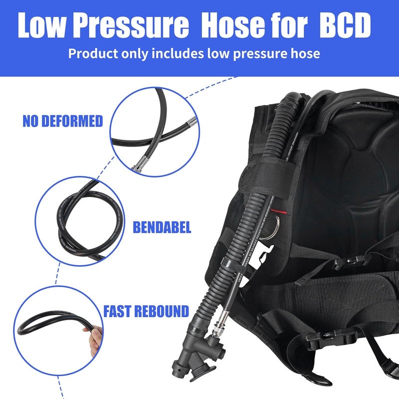 JUSTOOP Store Scuba Diving Low Pressure Hose for Standard BCD,Premium Rubber 350PSI Dive LP Inflato Hoses with Quick Connector, 26"/28"/30",Black - Image 4